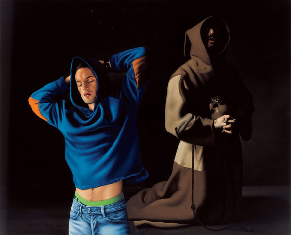 Ross Watson painting of young man in blue hoodie stretching with Zurbaran's kneeling monk