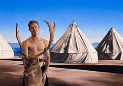 Ross Watson painting of shirtless Jake Shears holding a taxidermied Deers head in front of three canvas tents