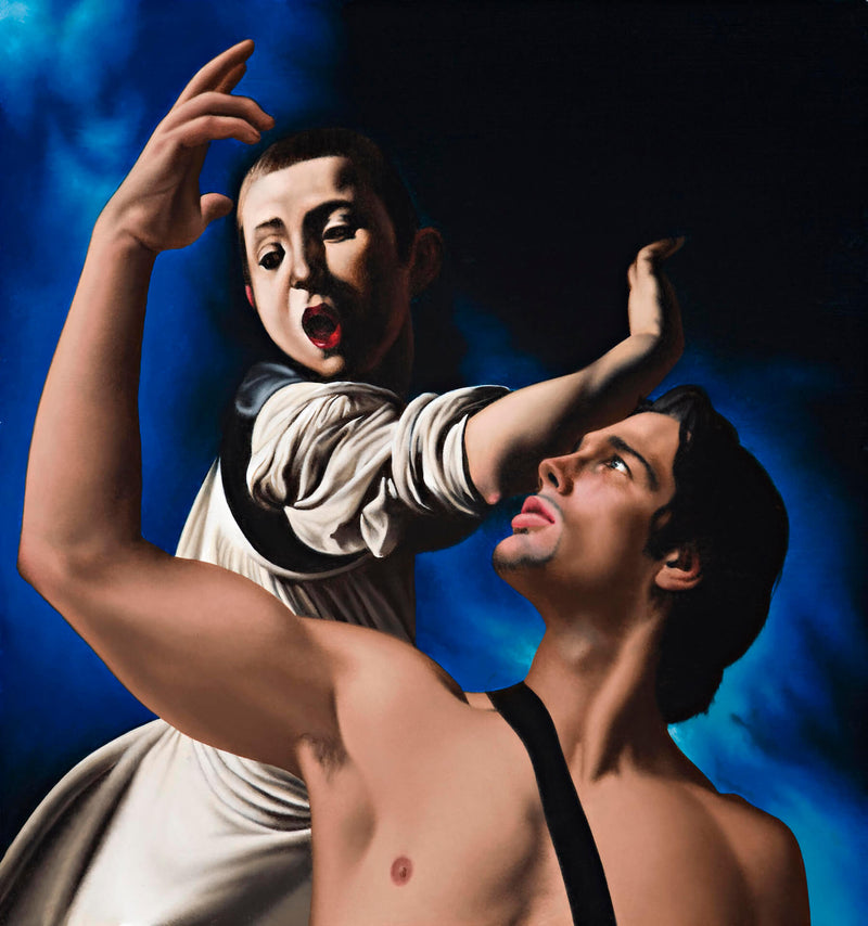 Ross Watson painting of shirtless man with hand raised incorporated into Caravaggio painting of youth with open mouth