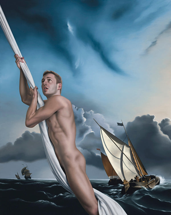 Portrait of naked Matthew Mitcham swinging from sheet in stormy setting of van de velde painting