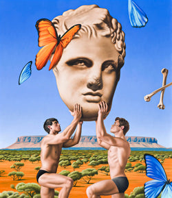 Surrealist painting of two shirtless men holding giant marble sculpture head in front of outback australian desert view of mount connor with butterflies in the sky and crossed bones
