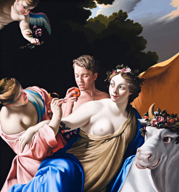 Contemporary verision of classicle painting by Vouet featuring a contemporary figure eating a peach with a a bare breasted maiden and a cow licking it's lips