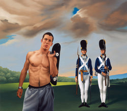 Ross Watson painting of shirtless man holding skateboard with Stubbs portrait of two soldiers