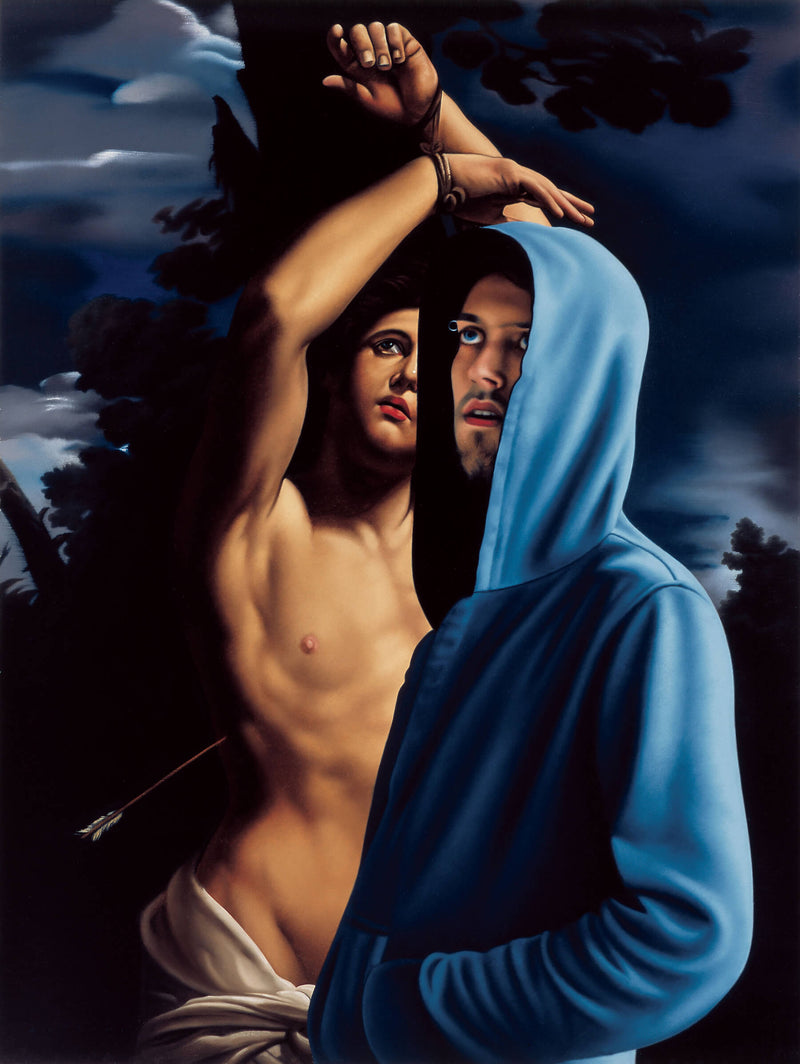 Ross Watson painting of young man in blue hoodie in front of Reni's St. Sebastian