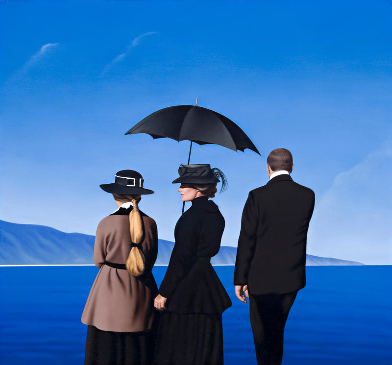Ross Watson painting of three figures standing in front of ocean Two women one holding an umbrella the other with a long pony tail and a man in a black suit