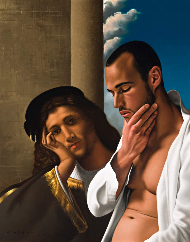Ross Watson painting of man in open white shirt stroking his chin incorporated into Georgione painting of man resting his head in hand