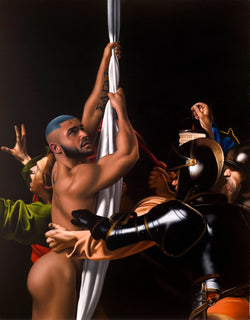 Portrait of porn star Francois Sagat naked hanging from sheet incorporated into Caravaggio painting of soldiers