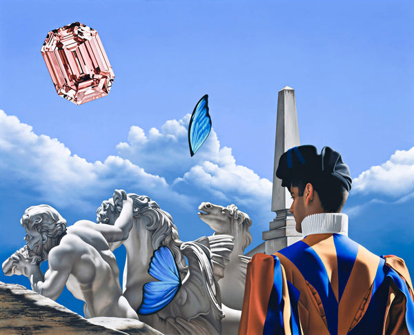 Surrealist painting of swiss guard in front of marble statue of greek god and horses with butterfly wings and a pink diamond in the sky