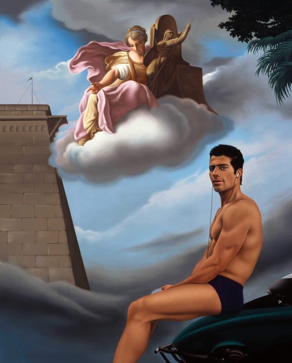 Ross Watson painting of man in underwear in front of classical painting of angels by constanzi