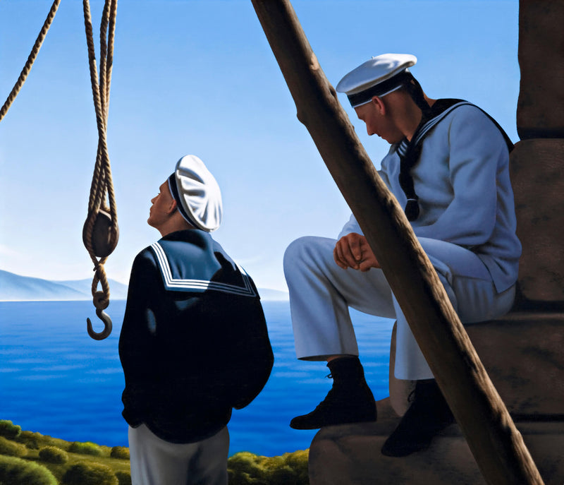 Ross Watson painting of two sailors one sitting and one standing on ocean headland next to pully on ropes