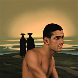 Ross Watson painting of shirtless manin profile in classical painting by Friedrich of two monks walking into sunset