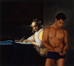 Ross Watson painting of man in underwear using phone incorporated into vermeer portrait of lady writing letter