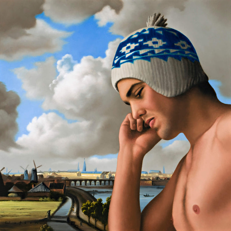 Ross Watson painting of man holding phone to ear in knitted hat in front of dutch waterway scene of van Ruisdael