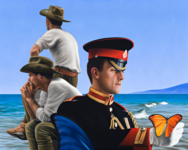 Painting of two seated World War 1 soldiers at the beach, with a queens guard Lance Corporal James Wharton holding a butterfly 