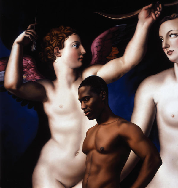 Ross Watson painting of a shirtless black man in front of Bronzino painting of naked angels
