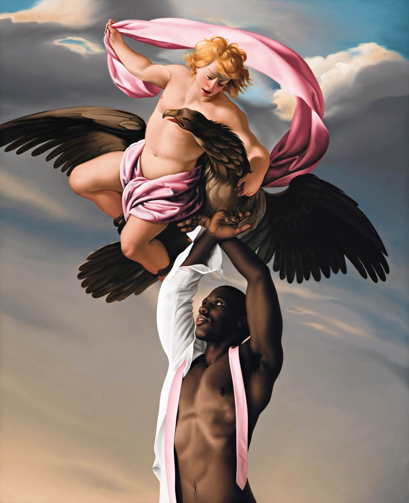 Ross Watson painting of black man partially dressed with pink tie with arms raised up to Le Sueuers painting of Ganimead with eagle