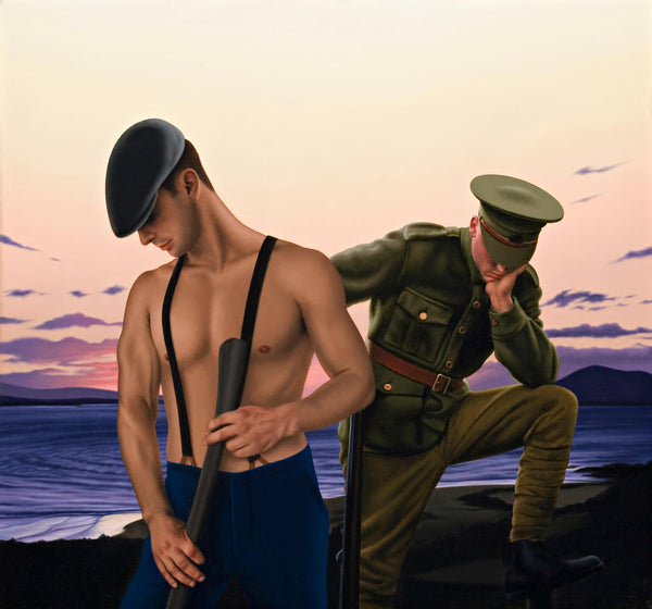 Ross Watson Painting of shirtless man with braces holding axe wearing cap with WW1 soldier behind in evening sky