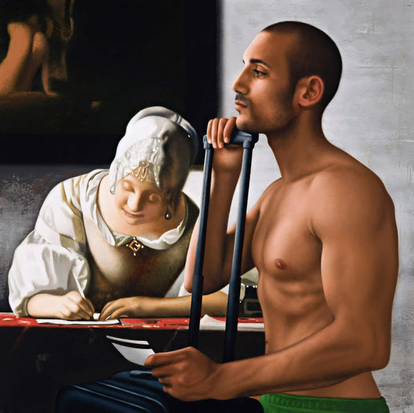 Painting of shirtless man leaning on wheely suitcase holding boarding pass incorporated into Vermeer painting of lady writing a letter wearing a white ruffled dress and lace head covering