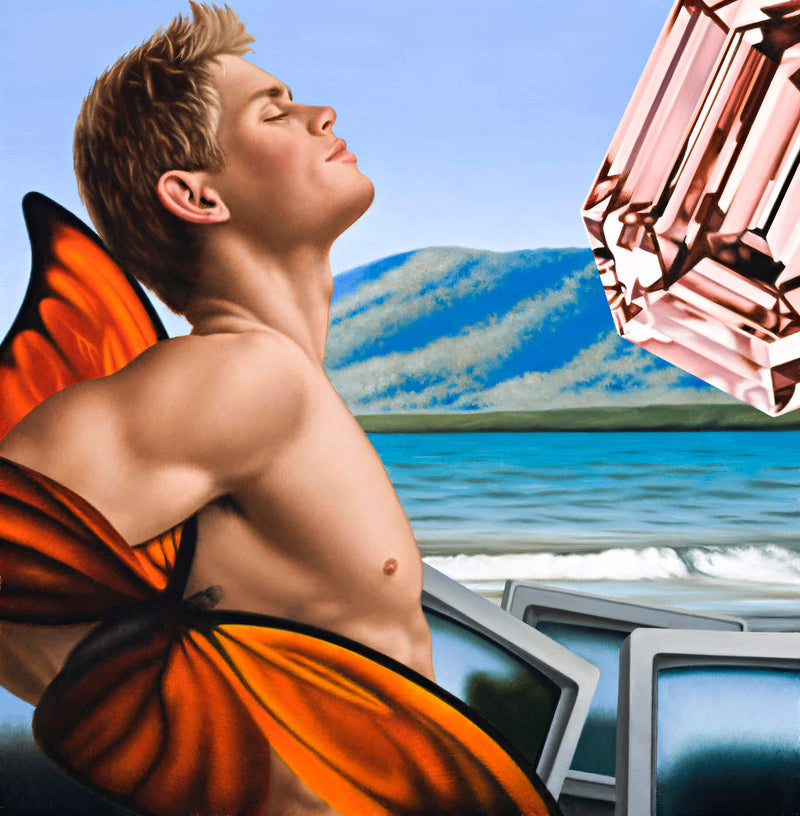 Surrealist paiting of shirtless porn actor Dolph Lambert with face upturned and eyes closed at a beach with television screens and an oversized pink diamond