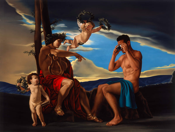 Ross Watson painting of naked man with blue fabric draped on lap using camera incorporated into Poussin painting of god and angelss