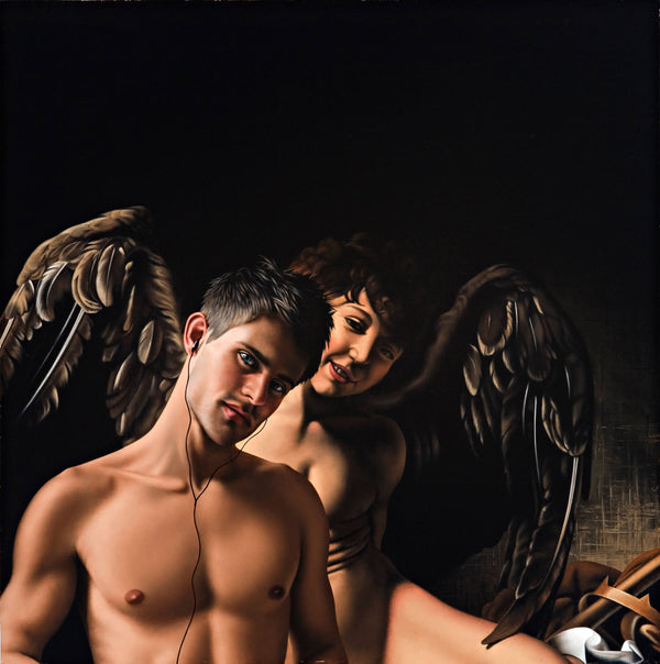 Ross Watson painting of shirtless man wearing headphones in front of Caravaggio's winged cupid