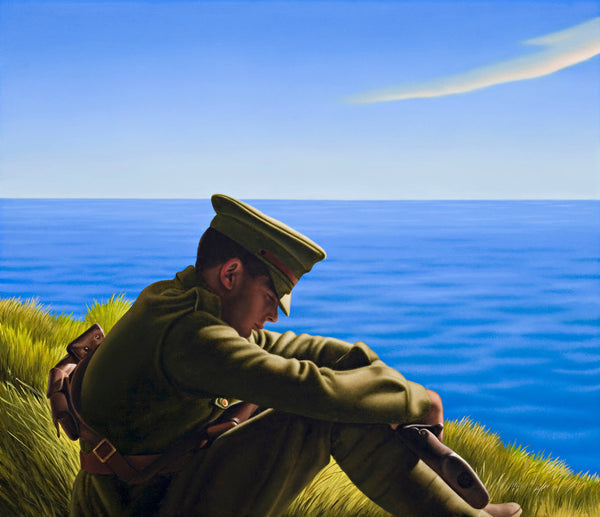 Ross Watson painting of WW1 soldier sitting on grass with ocean in the background