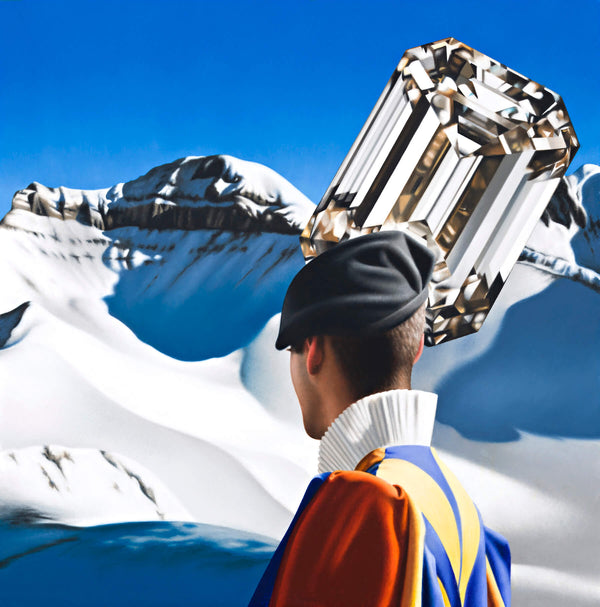 Surrealist painting of swiss guard in snow capped mountain setting with oversized diamond in the sky