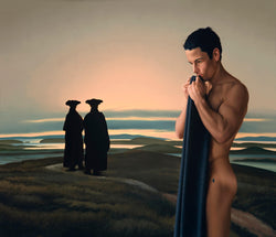 Ross Watson painting of naked man in profile holding towel with classical reference of two monks by Friedrich