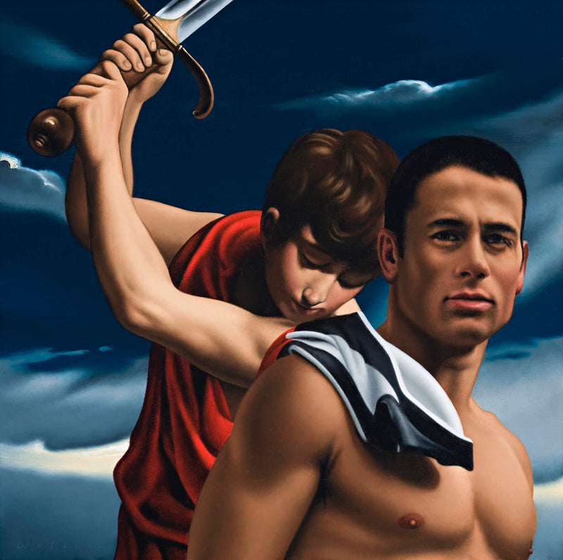 Ross Watson painting of Paul Licuria shirtless with collingwood jumper over shoulder referencing Reni's youth with sword 