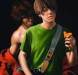 Painting of a young man in green t-shirt with guitar holding an orange butterfly with a disrobed boy from a caravaggio painting in the background