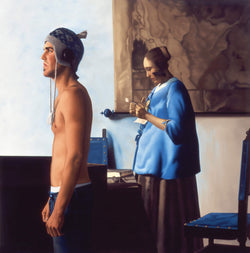 Ross Watson painting of shirtless man wearing knitted hat in front of Vermeer painting of lady reading letter
