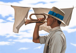 Ross Watson painting of man in white shirt, braces adn hat with blue ribbon, playing bugle in front of washing hanging on line