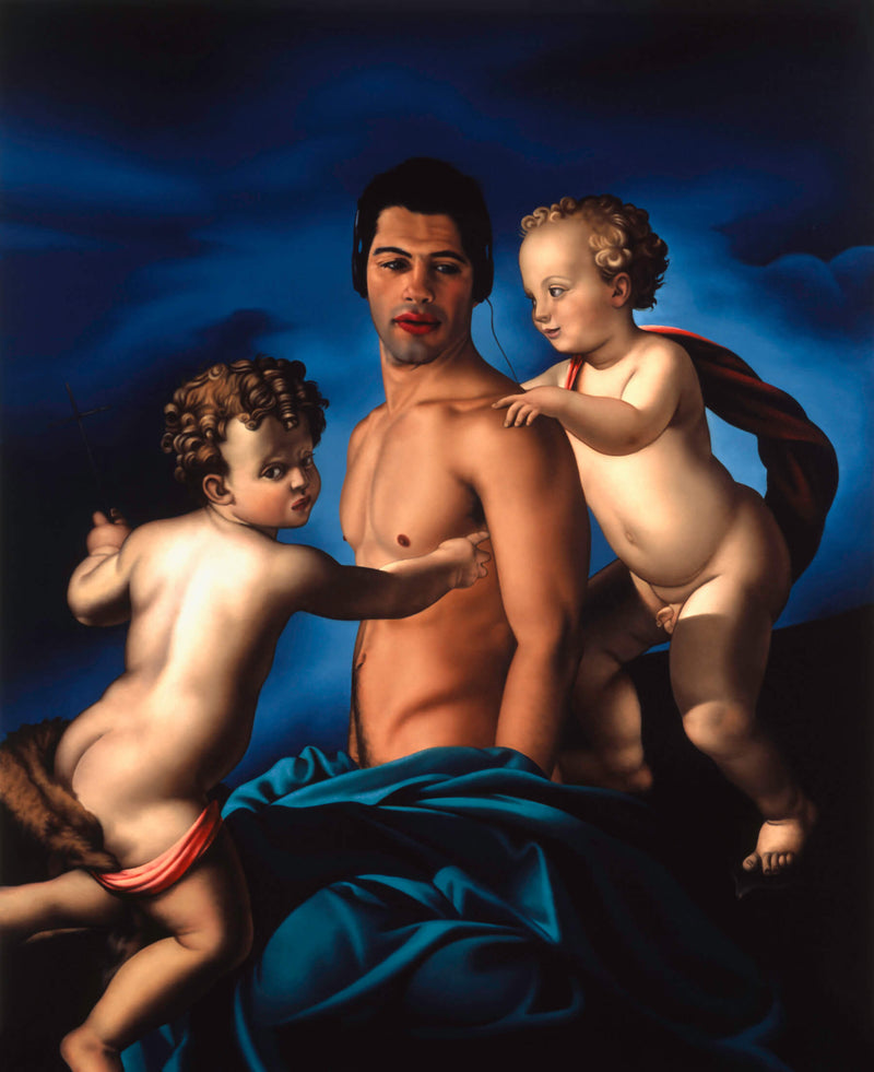 Ross Watson painting of shirtless man swathed in blue velvet circled by two angels by Bronzino