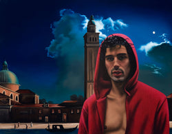 Ross Watson painting of shirtless man in red hoody with Canaletto painting of Venice in background