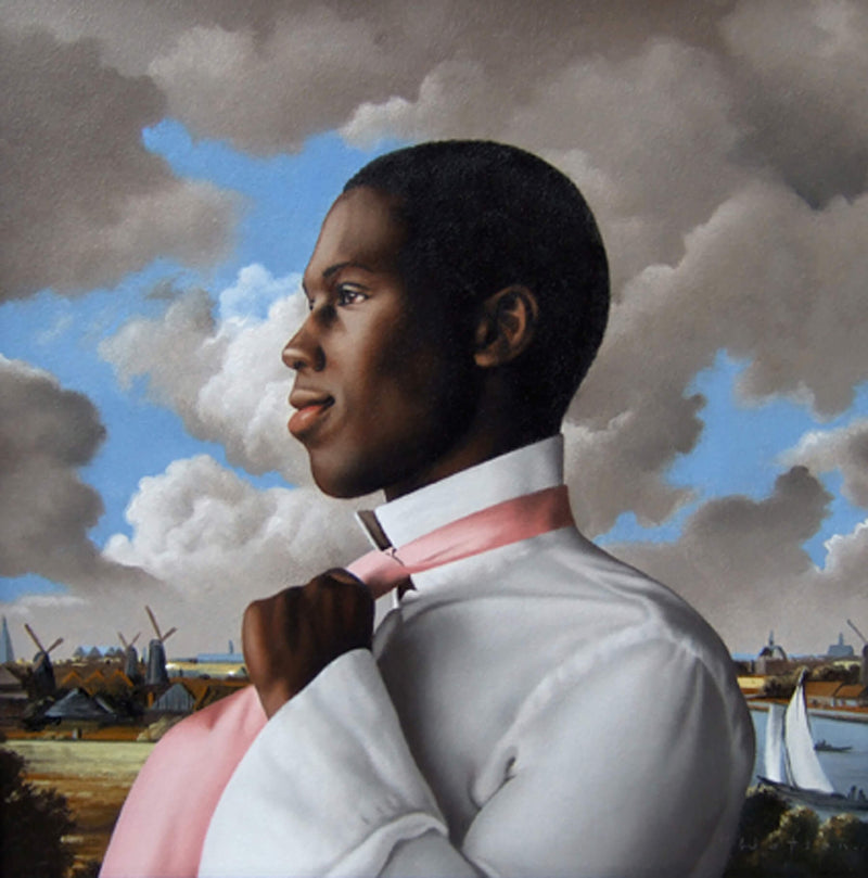 Ross Watson painting of black man in white shirt knotting pink tie in van Ruisdael dutch landscape