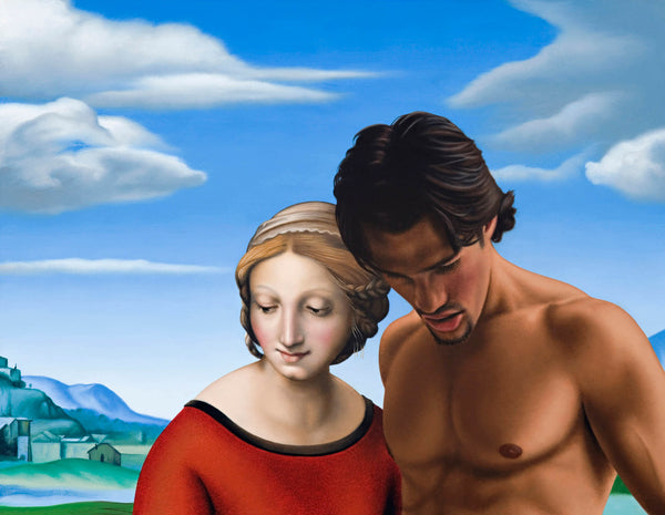 Ross Watson painting of fit shirtless man with long hair adjacent to Madonna painted by Raphael