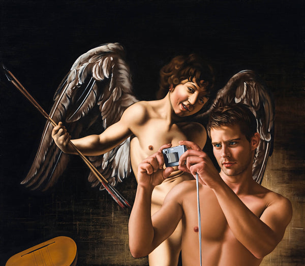 Ross Watson painting of shirtless man holding digital camera incorporated into Caravaggio's winged angel with musical instruments