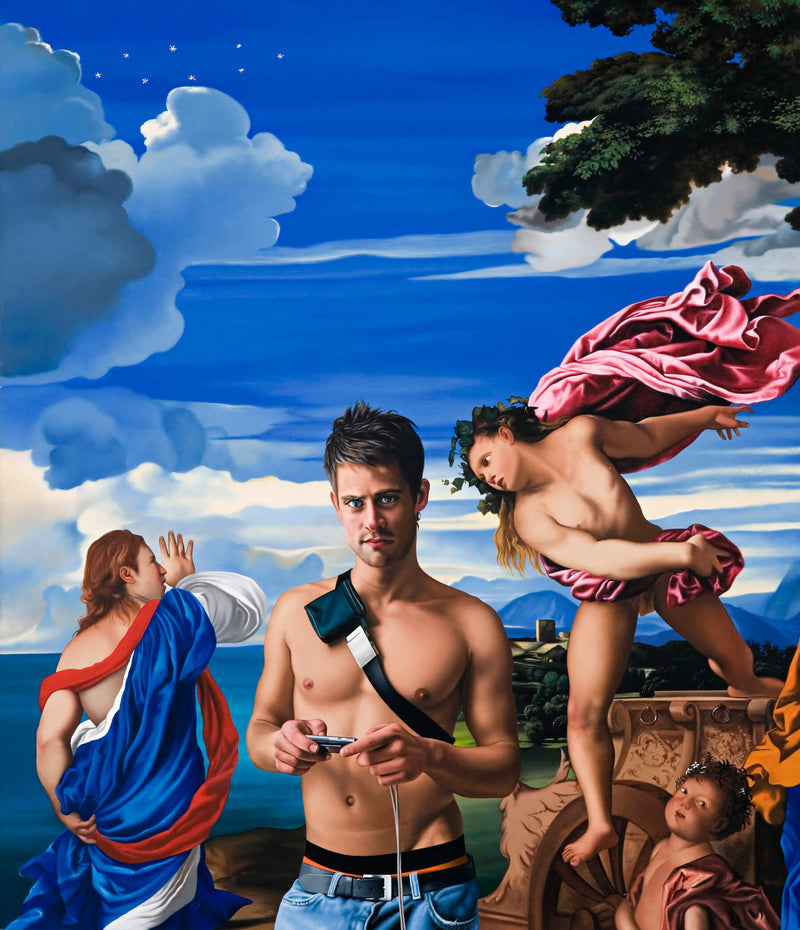 Ross Watson painting of shirtless man with camera with dramatic scene from Titian painting of angels in robes and putti