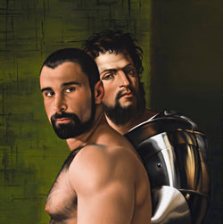 Ross Watson painting of Alex Baresi in front of bearded man in armour by Sebastiano