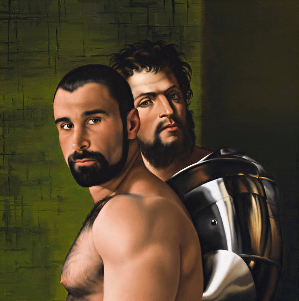 Ross Watson painting of Alex Baresi in front of bearded man in armour by Sebastiano