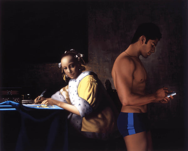 Ross Watson painting of man in profile in underwear using phone with Vermeer painting of woman writing letter in background