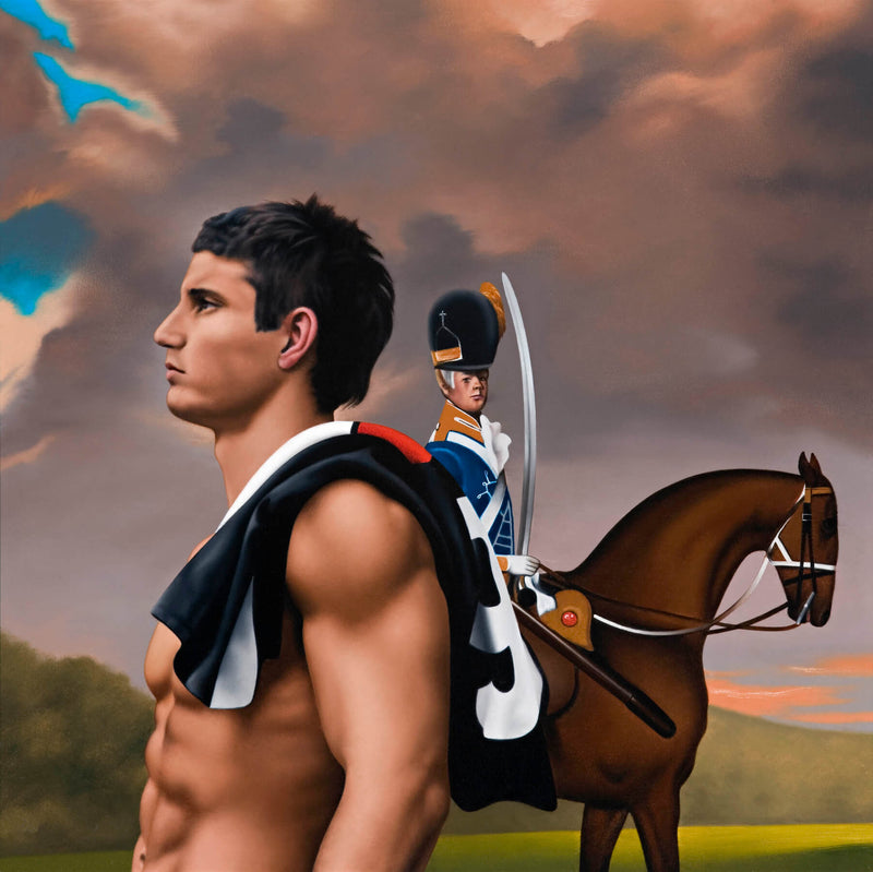 Ross Watson painting of shirtless Brody Holland with Stubbs portrait of soldier on horse in background