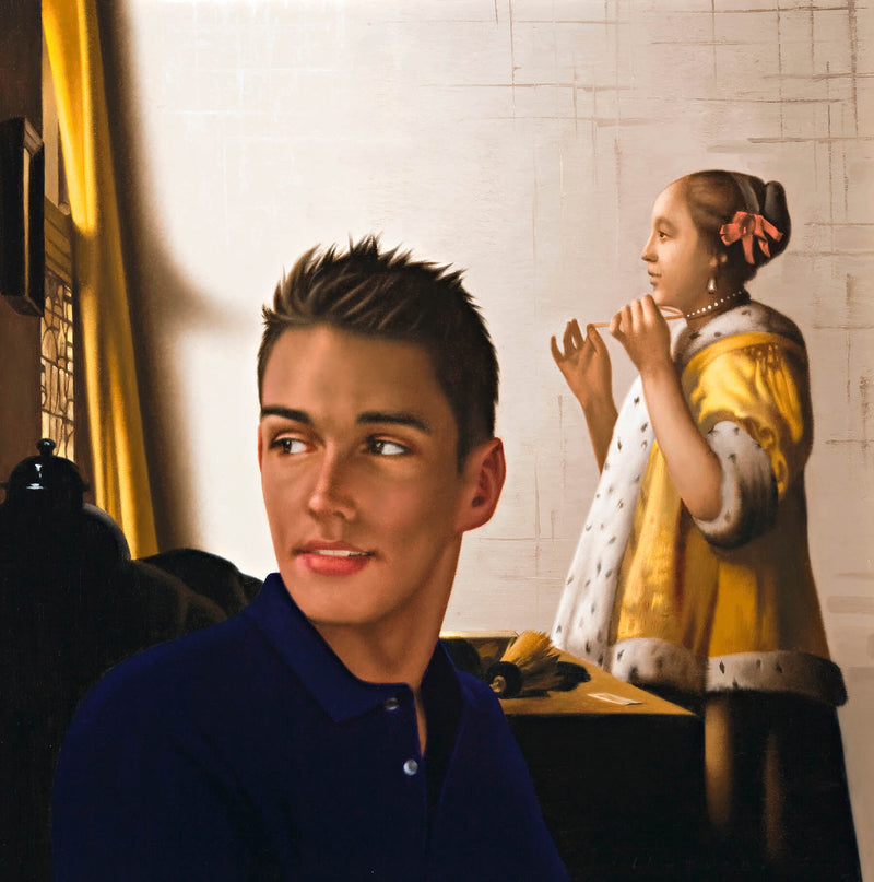 Ross Watson painting of young man in blue shirt in front of Vermeer's portrait of lady in yellow
