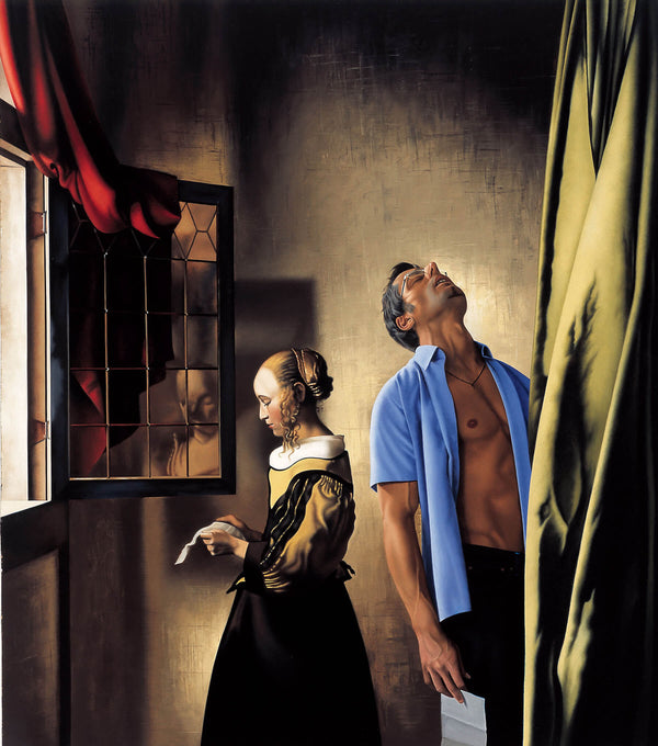 Ross Watson painting of man in open blue shirt standing next to Vermeer inspired portrait of woman reading letter