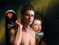 Ross Watson painting of shirtless man holding skateboard in front of Reuben's portrait of spanish royalty