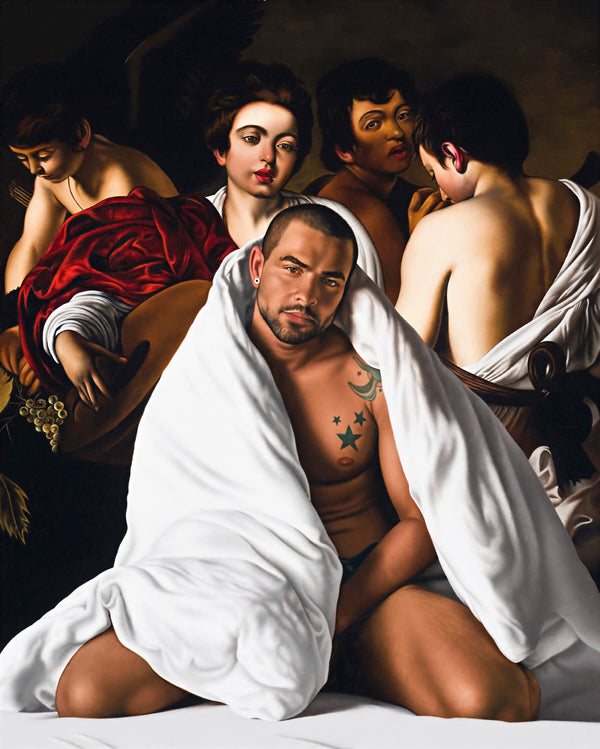 Ross Watson painting on Marco Da Silva wrapped in white blanket referencing Caravaggio's four musicians