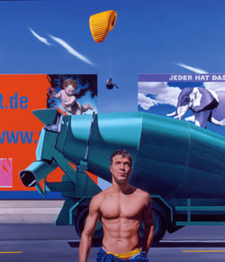 Surrealist Ross Watson painting of shirtless man in front of concrete mixer with billboards from Germany featuring a purple elephant and a parachutist in the sky