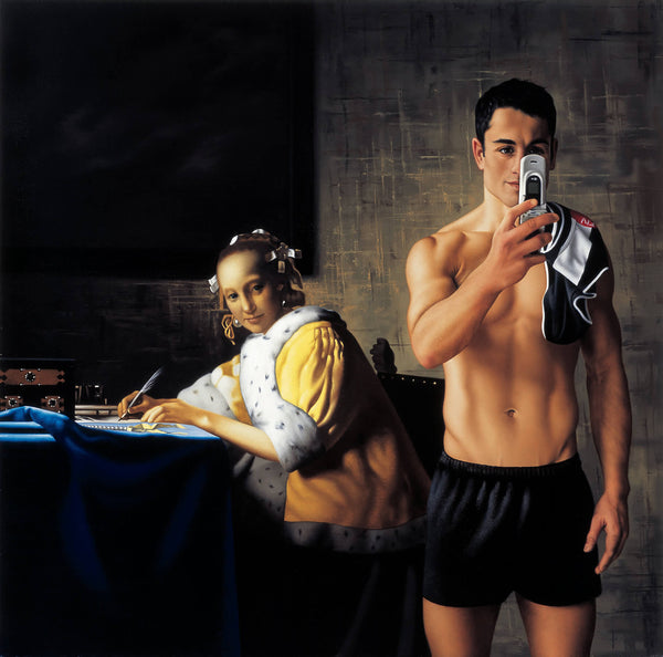 Ross Watson painting of shirtless footballer Paul Licuria using phone in front of Vermeer inspired portrait of lady writing letter 