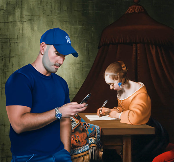 Ross Watson painting of Louie Larrinaga in blue t-shirt and hat with Ter Boch reference of woman writing letter at desk