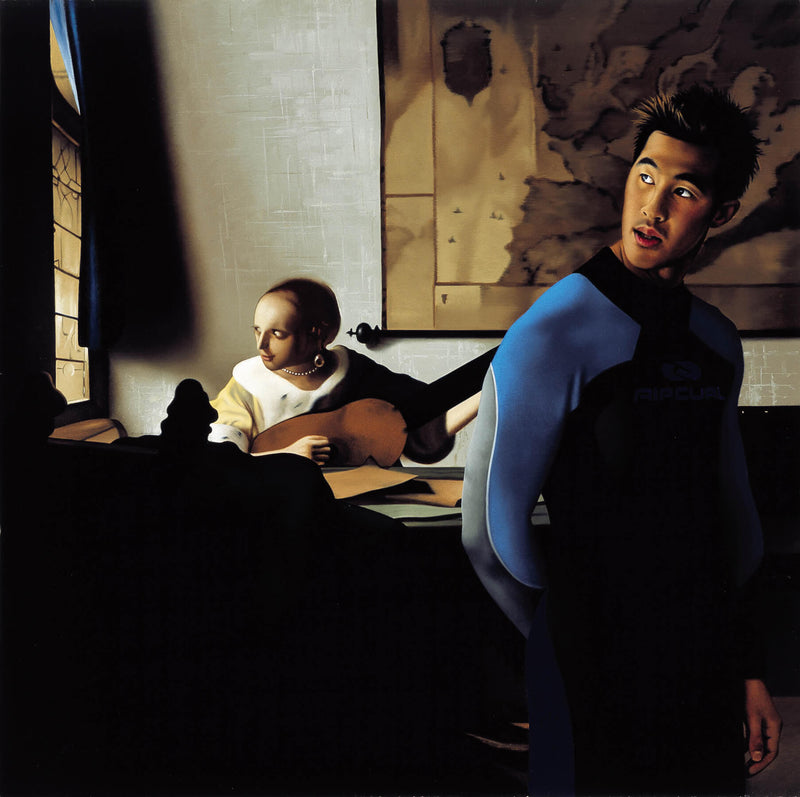 Ross Watson painting of man in wetsuit in front of Vermeer inspired portrait of woman playing the lute